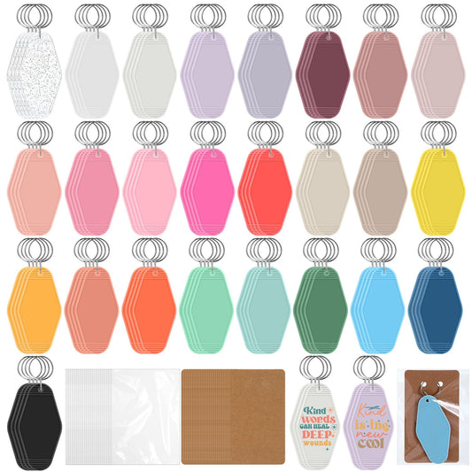 Nosiny 300 Pcs Blank Motel Keychain 25 Colors Sublimation Hotel Keychain Include 100 Vintage Rhombus Hotel Key Chains 100 Display Card 100 Packing Bag for DIY Craft Ornament Luggage Tag