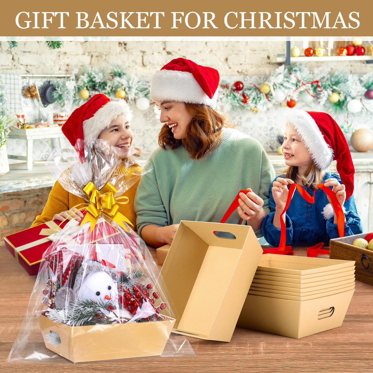 AFOROEOA 10PACK Baskets For Gifts Empty, 10 x 8”Thick Kraft Gift Basket with 10 Clear Gift Bags and 10 Pull Bows, Empty Gift Baskets for Christmas, Thanksgiving Wedding Birthday Party Wrapping Gift