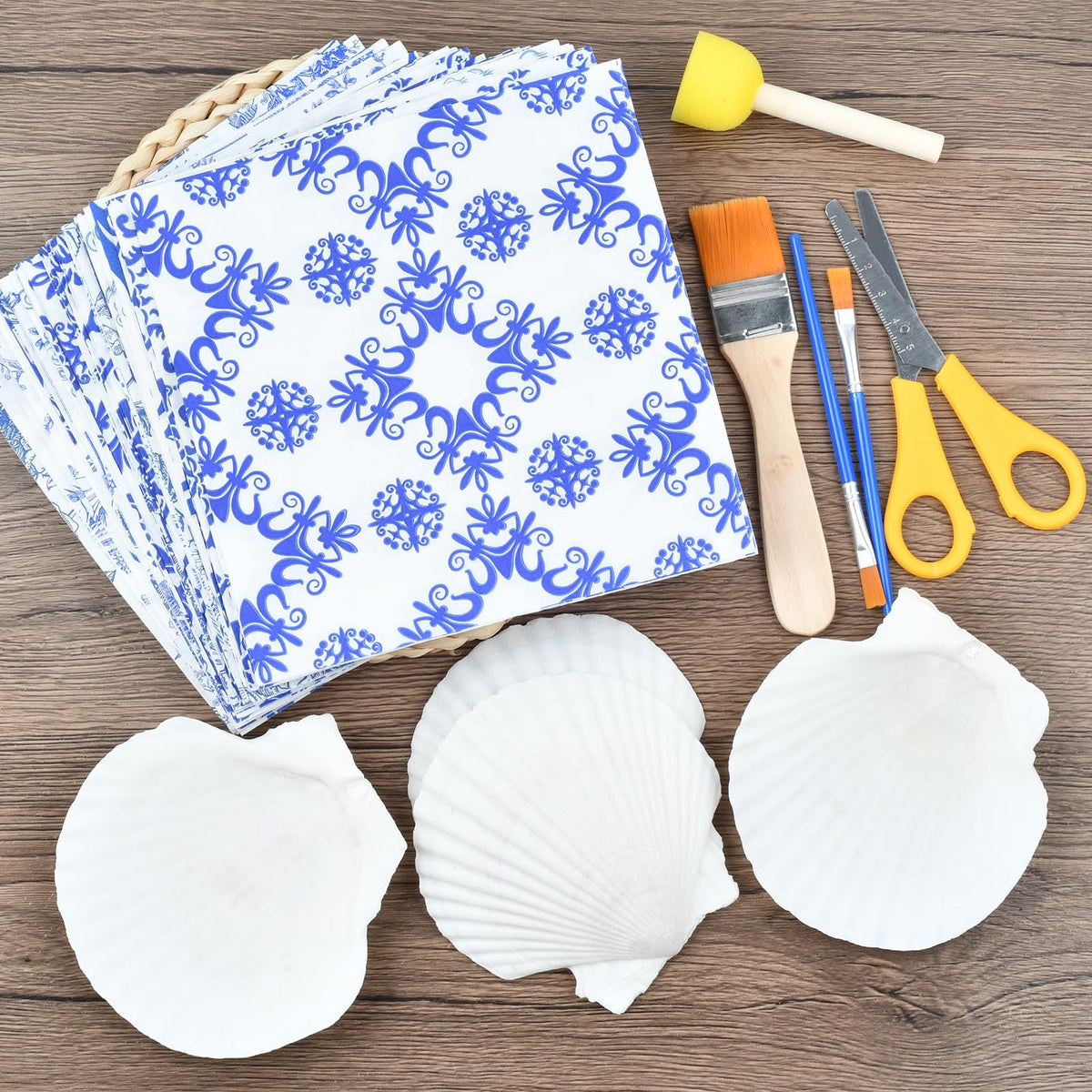 The Left Bridge Scallop Shells Decoupage Kit, DIY Sea Shells with Decoupage Paper, Coastal Home Decor Crafting Kit for Adults, Chinoiserie Style Handmade Shell Craft Ornaments (No Glue and Pigment)