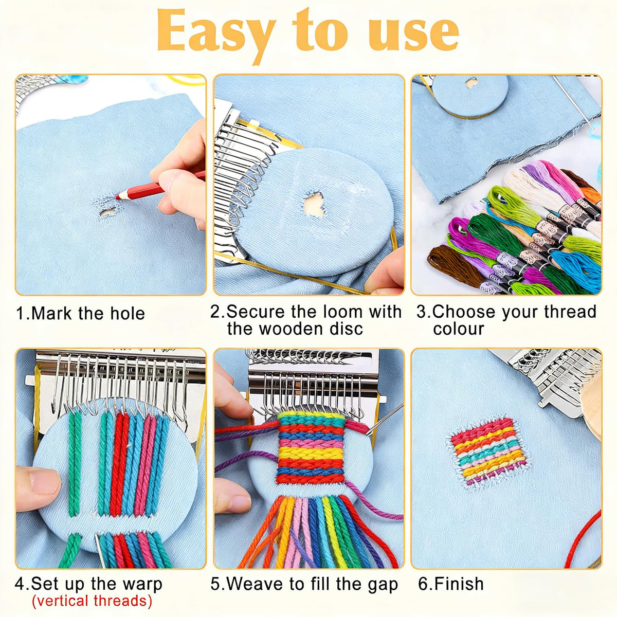 Meetory Knit Patch - Mushroom Mini Darning Loom, Knitpatch Kit with 14 Hooks Small Weaving Loom 14 Pcs Large Eye Needles 50 Color Threads for Handcraft DIY Weaving Repair Tool for Mending Jeans Socks