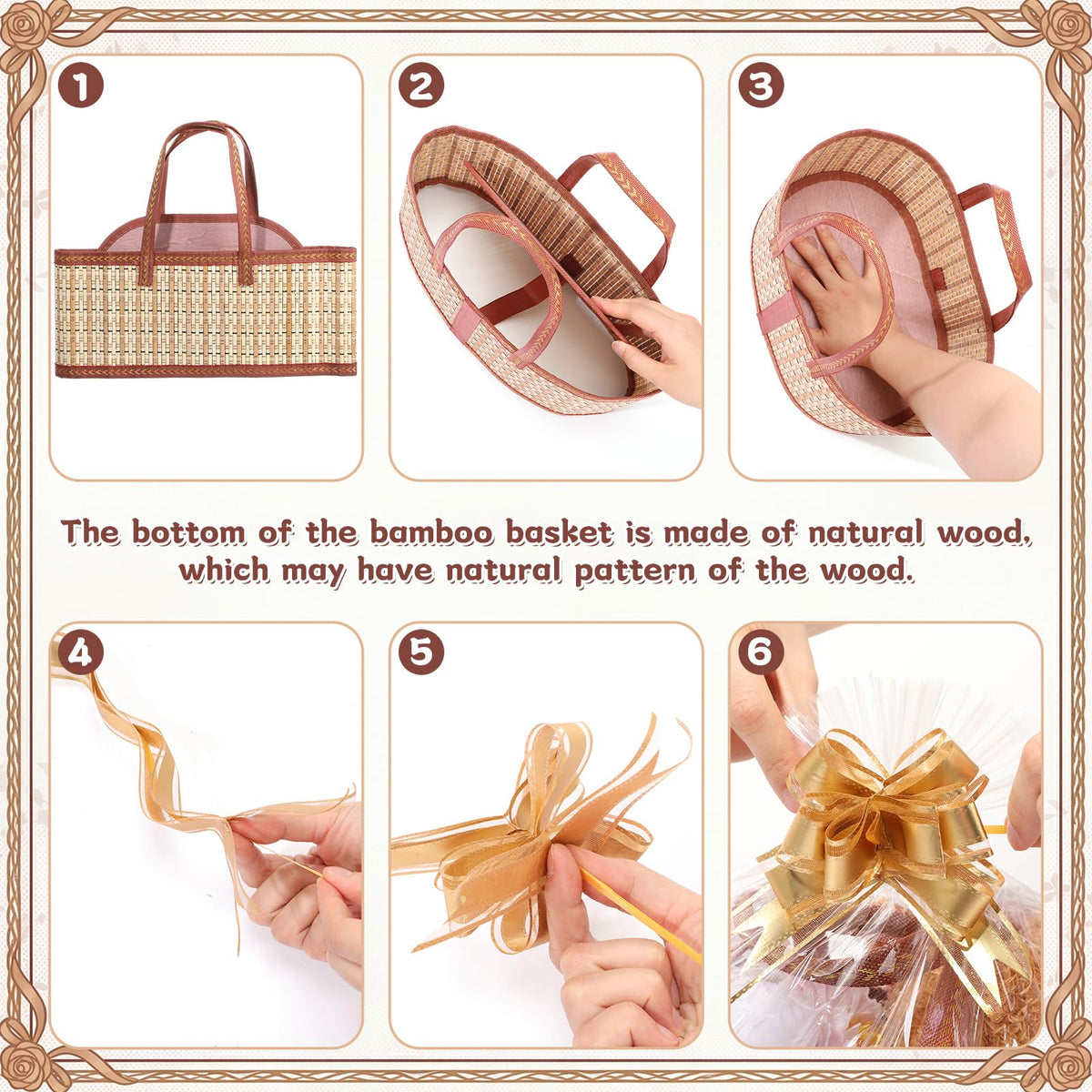 Reallnaive 2 Set Gift Basket Empty Woven Bamboo Storage Baskets with Clear Gift Bags Pull Bows Ribbon Foldable DIY Gifts Basket Kit with Handle for Baby Shower Housewarming