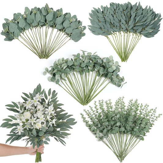 120 Pcs 4 Kinds Mixed Artificial Eucalyptus Leaves Stems Bulk Fake Silver Dollar Eucalyptus Bundle Faux Plants Greenery for DIY Bouquets Floral Arrangement Wedding Engagement Party Decor (Green)