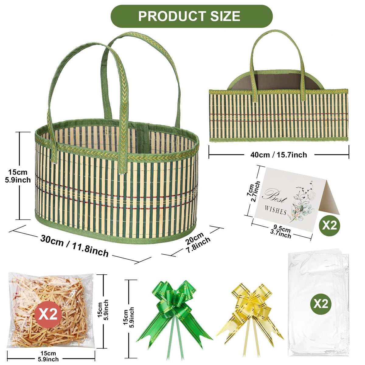 Gift Baskets Empty Hamper Basket Gift Box DIY Gift Hamper Set with 2 Bags,2 Bows ,2 Greeting Card and Raffia for Birthday Present,Easter, Christmas , Graduation, Wedding, Thanksgiving Gift Kit-2 Green