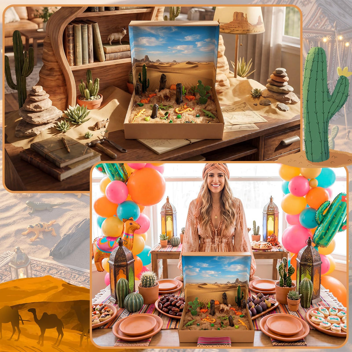 Duraaamo 32 Pcs Desert Animals Figures Diorama Kit Reptiles Lizard Snake Cactus Trees Model Kit Diorama Project with Camel for Miniature Landscape Cake Topper Birthday DIY Craft Project