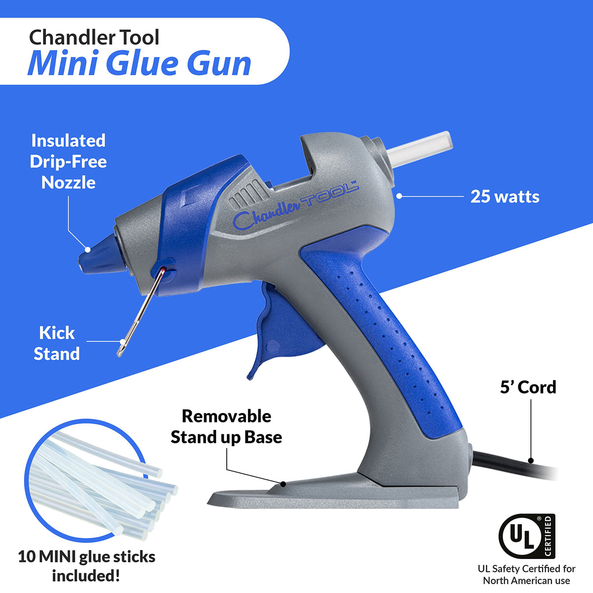 Chandler Tool Mini Hot Glue Gun And Sticks Set for Crafts and DIY Pistola De Silicona Caliente Inalambrica Complete Hot Glue Gun Kit With Glue Sticks (Blue)