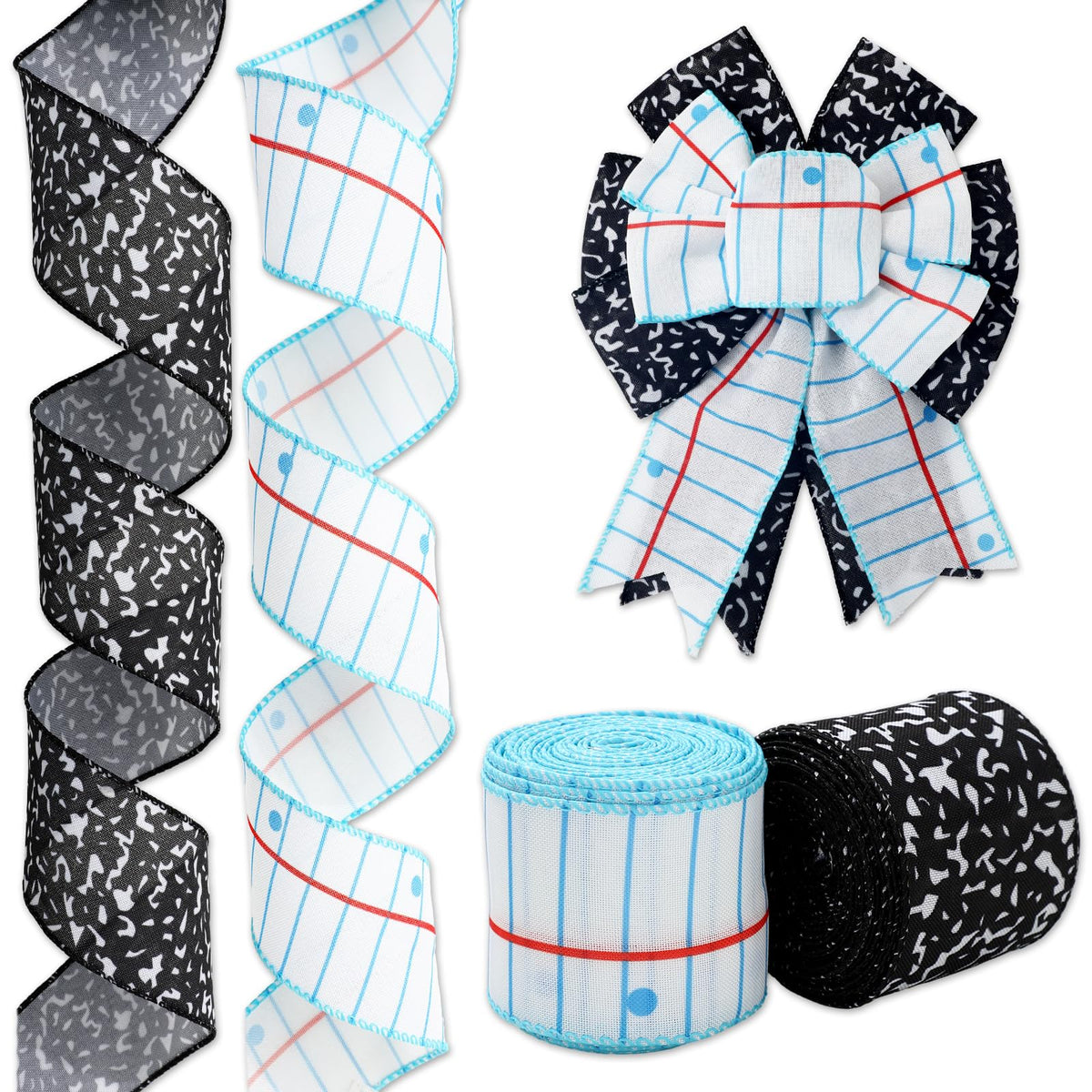 Whaline Back to School Wired Edge Ribbon 2.5 Inch Notebook Composition Fabric Wrapping Ribbon for First Day of School Classroom Party DIY Crafts Wreath Bow Making, 2 Rolls, 20 Yard
