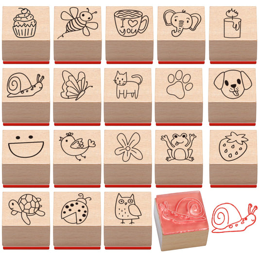 MotiMind 18 Pcs Cartoon Pattern Wood Stamps Set Wooden Rubber Holiday Stamps for Card Making Decoration and Scrapbooking Supplies