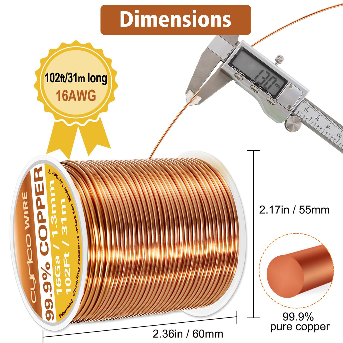 99.9% Pure Copper Wire, 16 Gauge 102 Feet Solid Copper Wire for Jewelry Making Crafts, Electroculture Gardening Antenna, Cyrico Bendable Soft Wire for Plants