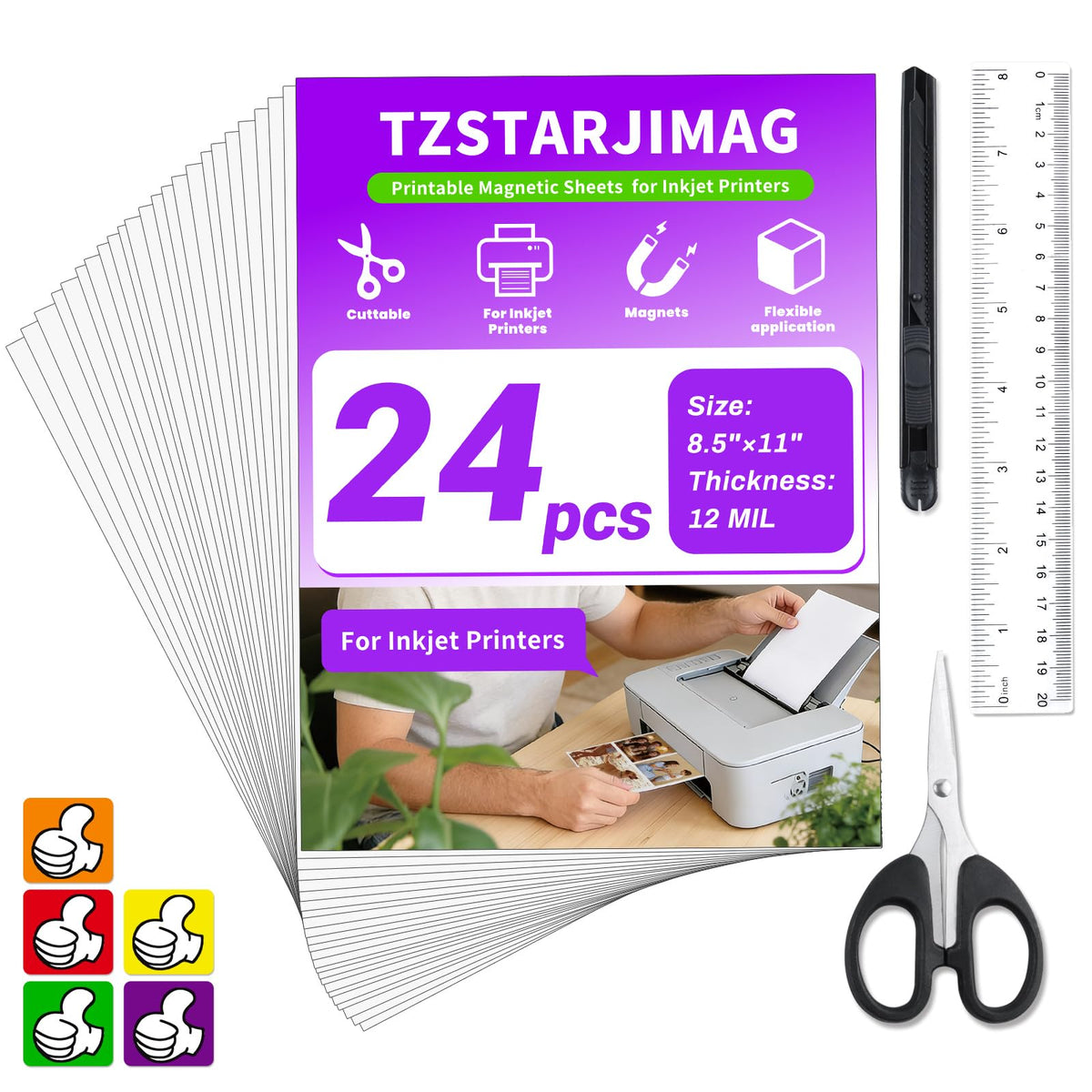 Printable Magnetic Sheets for Inkjet Printer,8.5" x 11"(Pack of 24),12 mil Thick Cuttable Flexible Non-Adhesive Backing Magnetic Printer Paper for DIY Crafts,Photos and Stickers