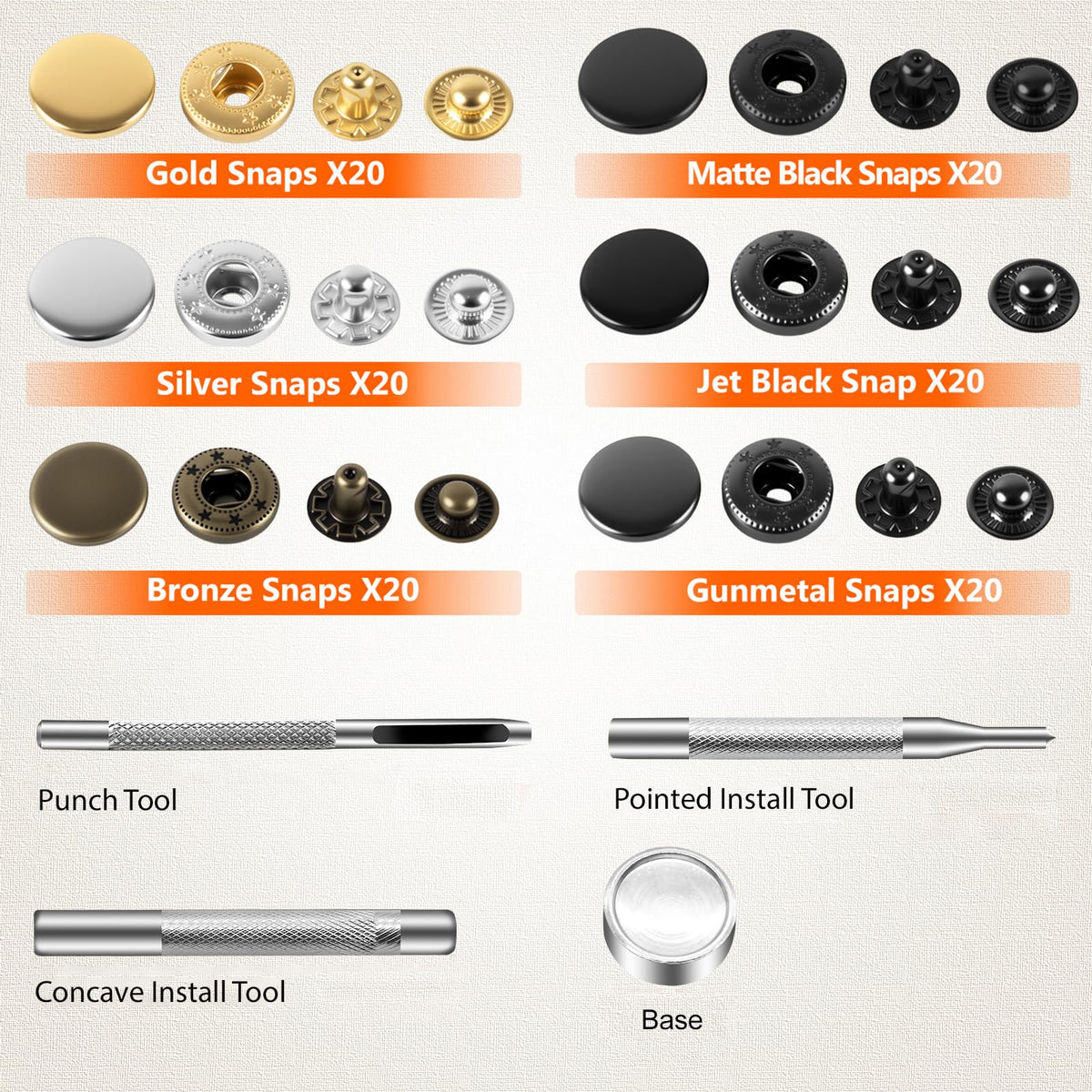 Alritz 120 Set Leather Snap Fasteners Kit, 12.5mm Metal Button Snaps Press Studs with 4 Setter Tools, 6 Colors Leather Snaps for Clothes, Jackets, Jeans Wears, Bracelets, Bags