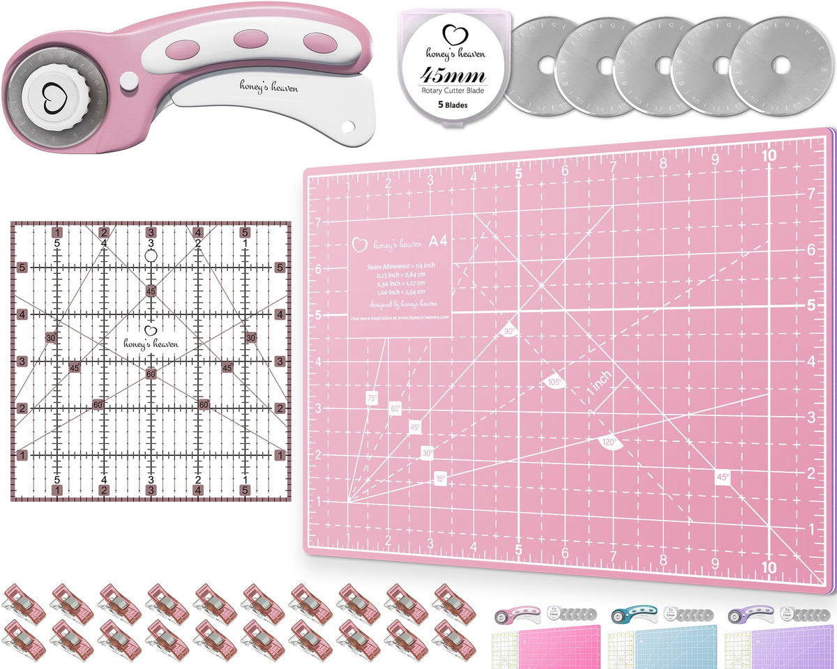 Rotary Cutter Set - Quilting Kit incl. 45mm Fabric Cutter, 5 Replacement Blades, A4 Cutting Mat, Acrylic Ruler and Craft Clips - Ideal for Crafting, Sewing, Patchworking, Crochet & Knitting (Pink, A4)