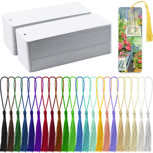 Bercoor 240 PCS White Blank Paper Bookmarks Decorate with 240 Pcs Tassels, Thick Cardstock Bookmark for DIY Craft Projects and Gifts Tags