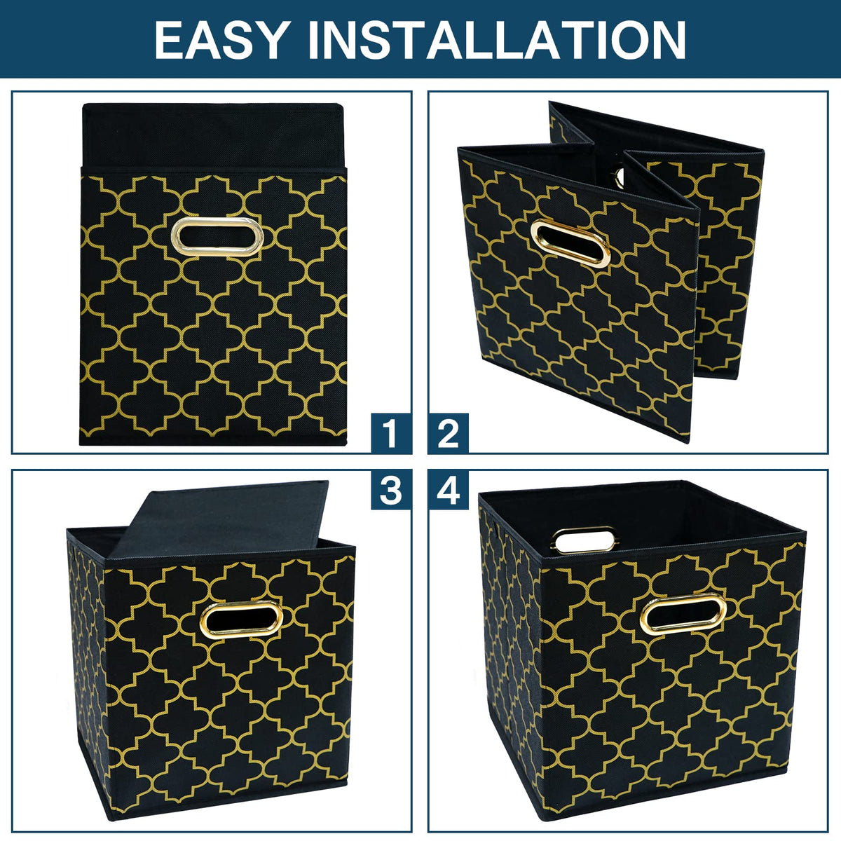 Yunkeeper Fabric storage bins Cubes, Fabric Cube Organizer with Handle, Foldable Cube Bins for Cloth or Accessary Storage, 11x11x11, Set of 3, (Black Gold)