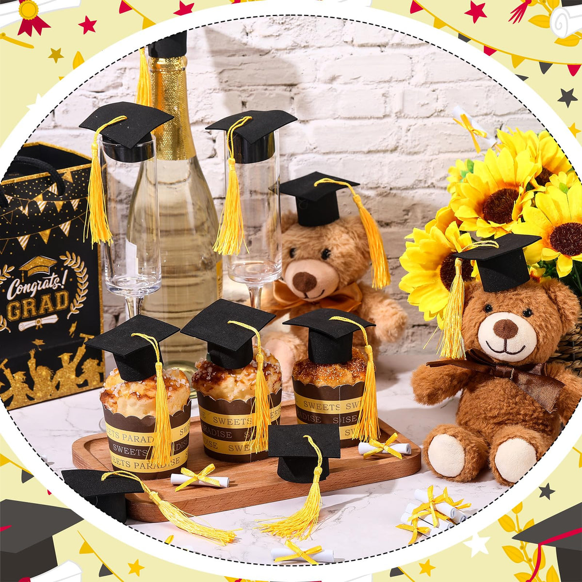 Funtery 36 Pcs Mini Graduation Hats Cupcake Toppers Graduation Scroll Decorations Black Grad Caps with Yellow Tassels Cupcake Toppers Bottle Decor for Graduate Party Supplies