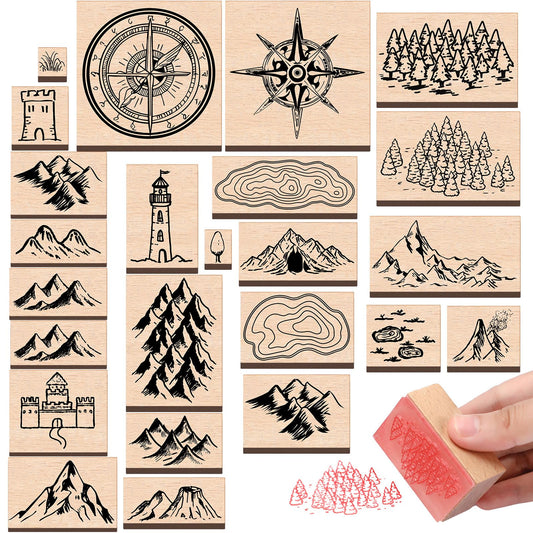 Marspark 24 Pcs Compass Mountains Stamp Combo Map Making Rubber Stamp Kit Compass Outdoor Scenery Stamps for RPG Adventures, Storytelling, and Creative Projects