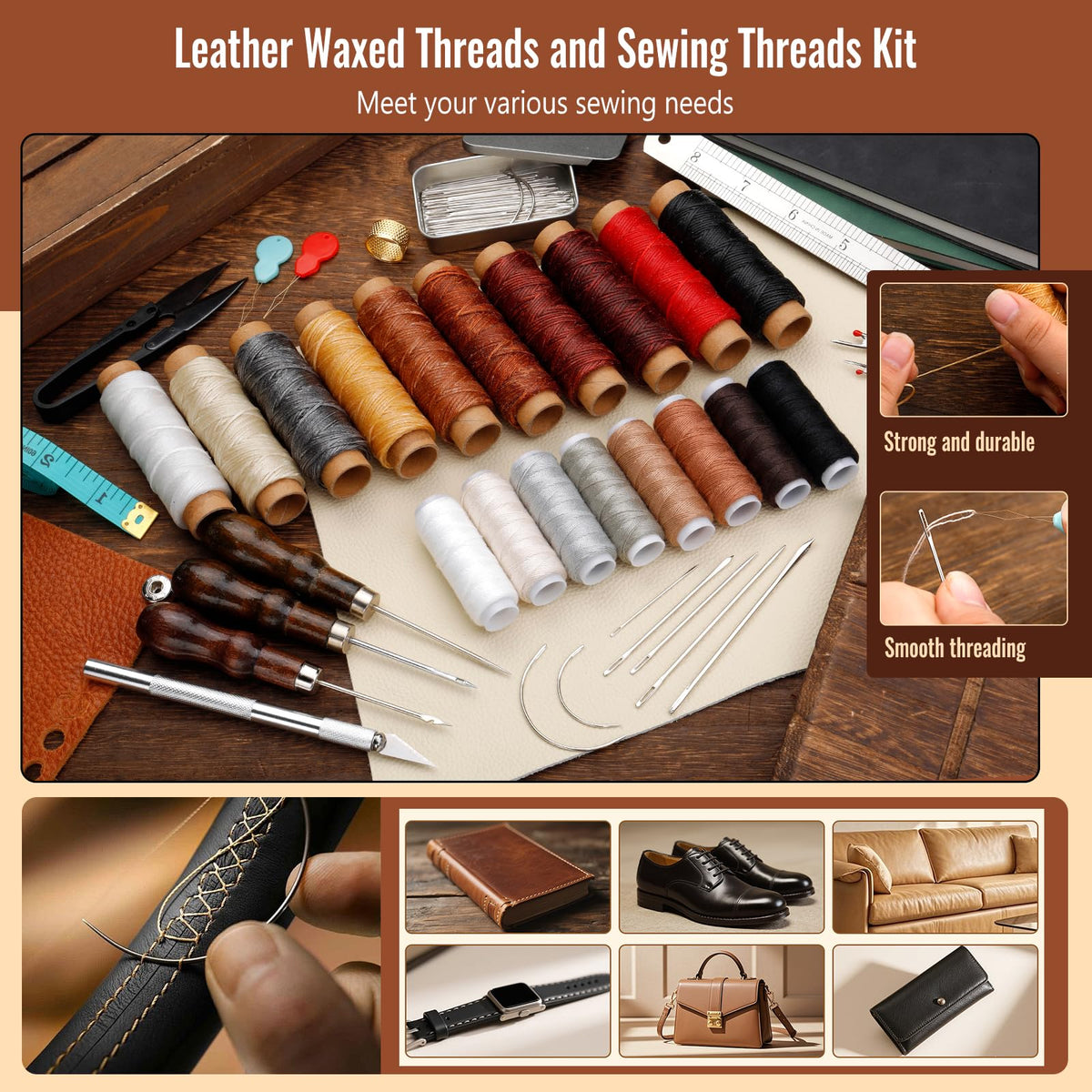 Leather Working Tools Kit, Leather Tooling Kit with Double Layer Storage Box, Heavy Duty Sewing Kit, Professional Working Tools and Supplies for DIY Stamping Cutting Engraving Punching Sewing