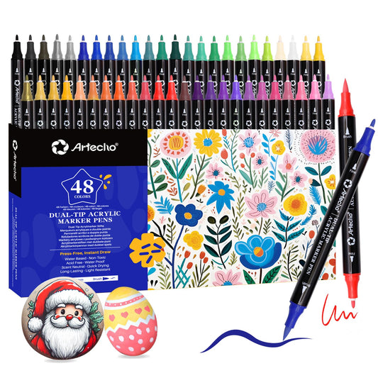 Artecho Acrylic Paint Markers 48 Colors, Acrylic Paint Pens with Brush Tip and Fine Tip for Stone, Rock Painting, Paper, Pumpkin, Wood, Egg, Canvas, Ceramic, Fabric, leather, Glass, DIY Crafts