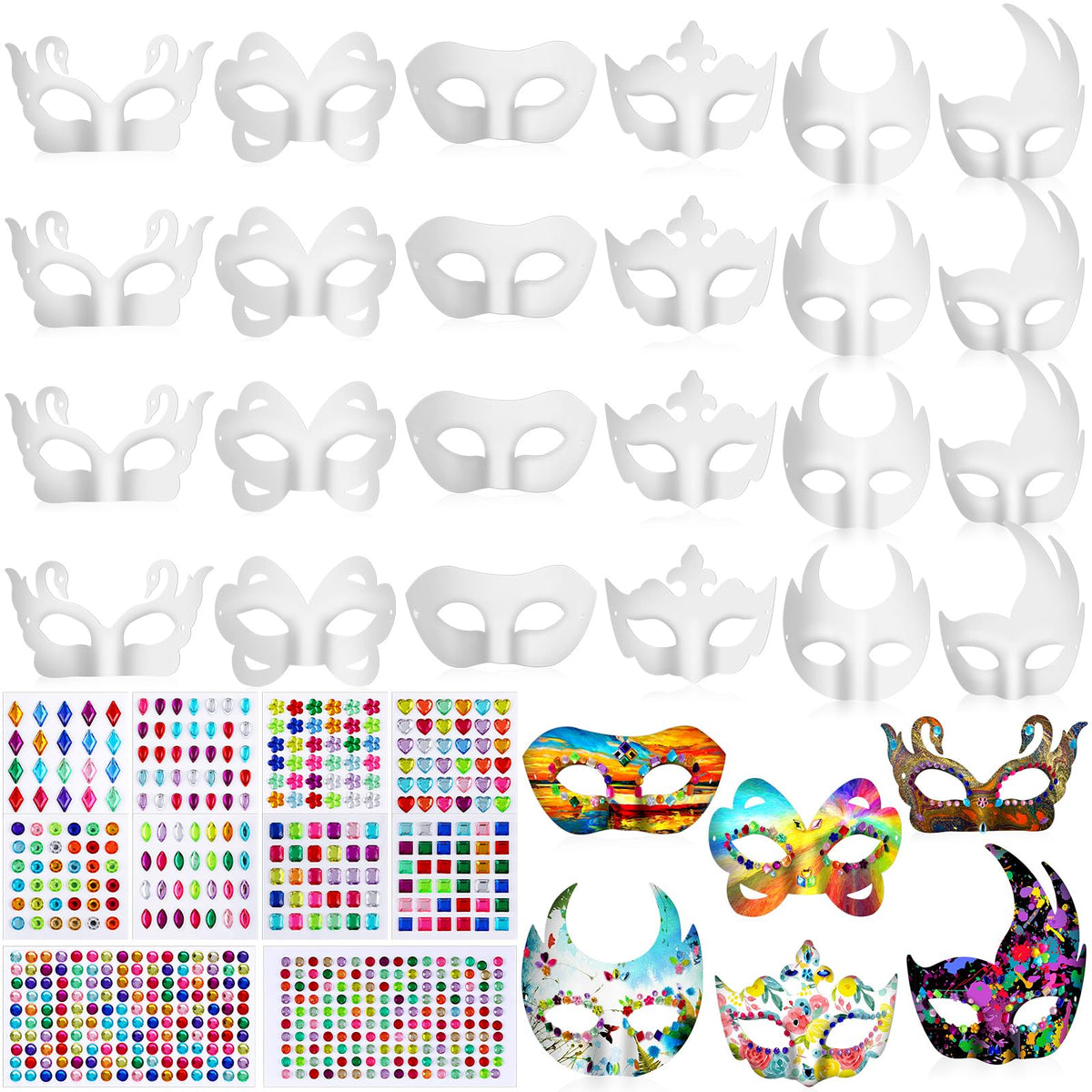 Leyndo 24 Pcs Paper Mache Art Mask White Craft Masquerade Masks and Gem Stickers DIY Blank Mardi Gras Halloween Cosplay Party (Mixed Styles)