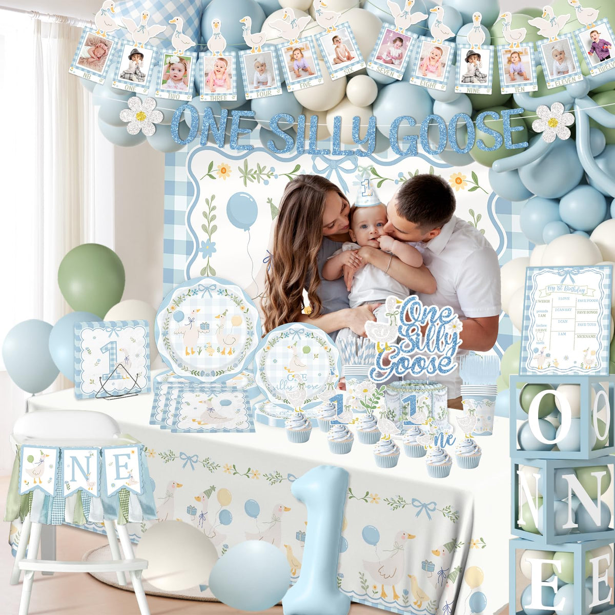 One Silly Goose Birthday Decor Boy, 270Pcs Blue Silly Goose First Birthday Decorations Kit include One Silly Goose Banner,Backdrop,Balloon Arch,Boxes,High Chair Banner,Bow Cupcake Toppers,Tableware