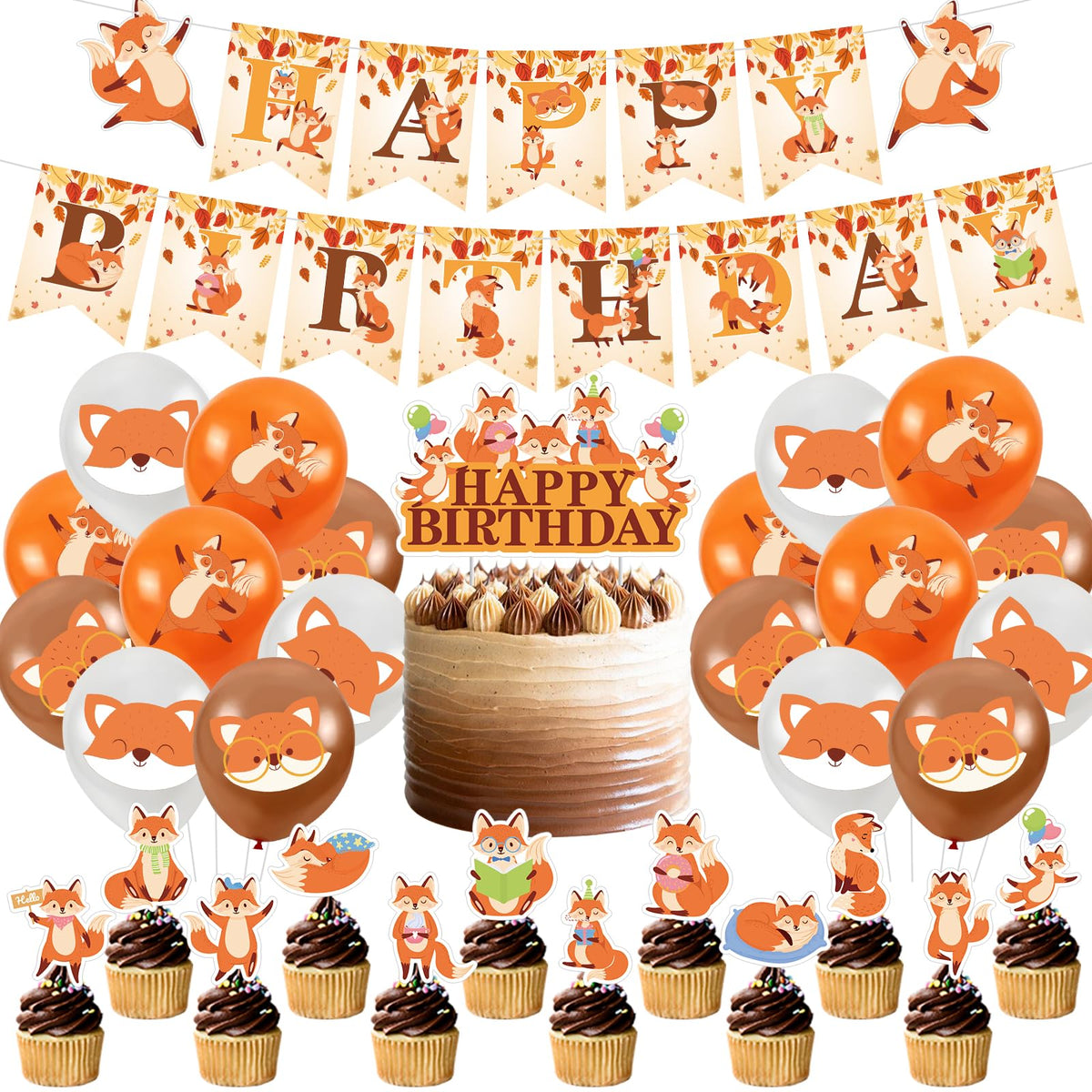 Fox Woodland Animal Birthday Party Supplies - Forest Animal Theme Decorations Kit With Cupcake Toppers, Balloons
