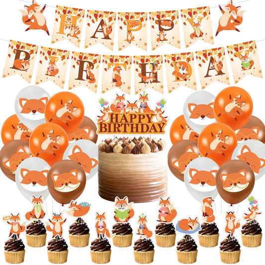 Fox Woodland Animal Birthday Party Supplies - Forest Animal Theme Decorations Kit With Cupcake Toppers, Balloons