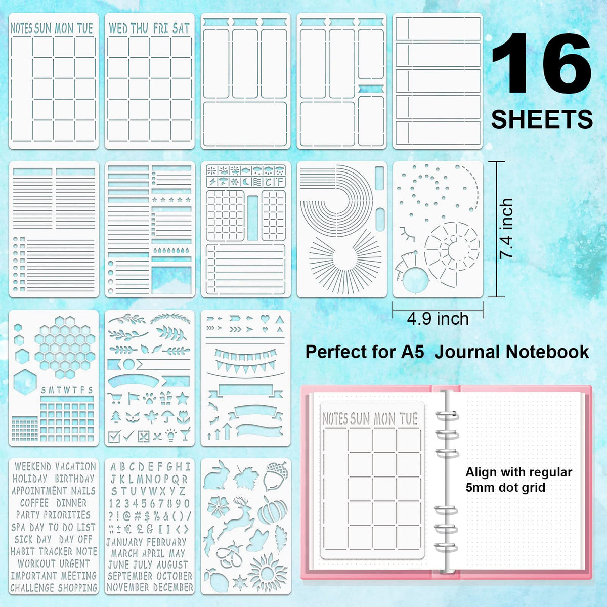 ALODNY 16 Pcs Journal Stencils Set - Time Saving Bullet Journaling Supplies/Accessories Kit -Ultimate Productivity Planner Stencil for Bullet Journal Stencils A5 Dotted Journals