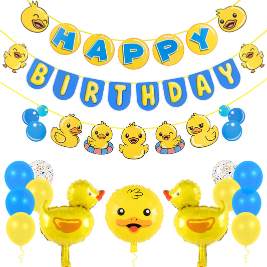 Pirese Rubber Duck Birthday Decorations Kit, Duck Birthday Banner with Balloons, Pre-Strung Duck Party Decorations for Kids, One Lucky Duck Theme