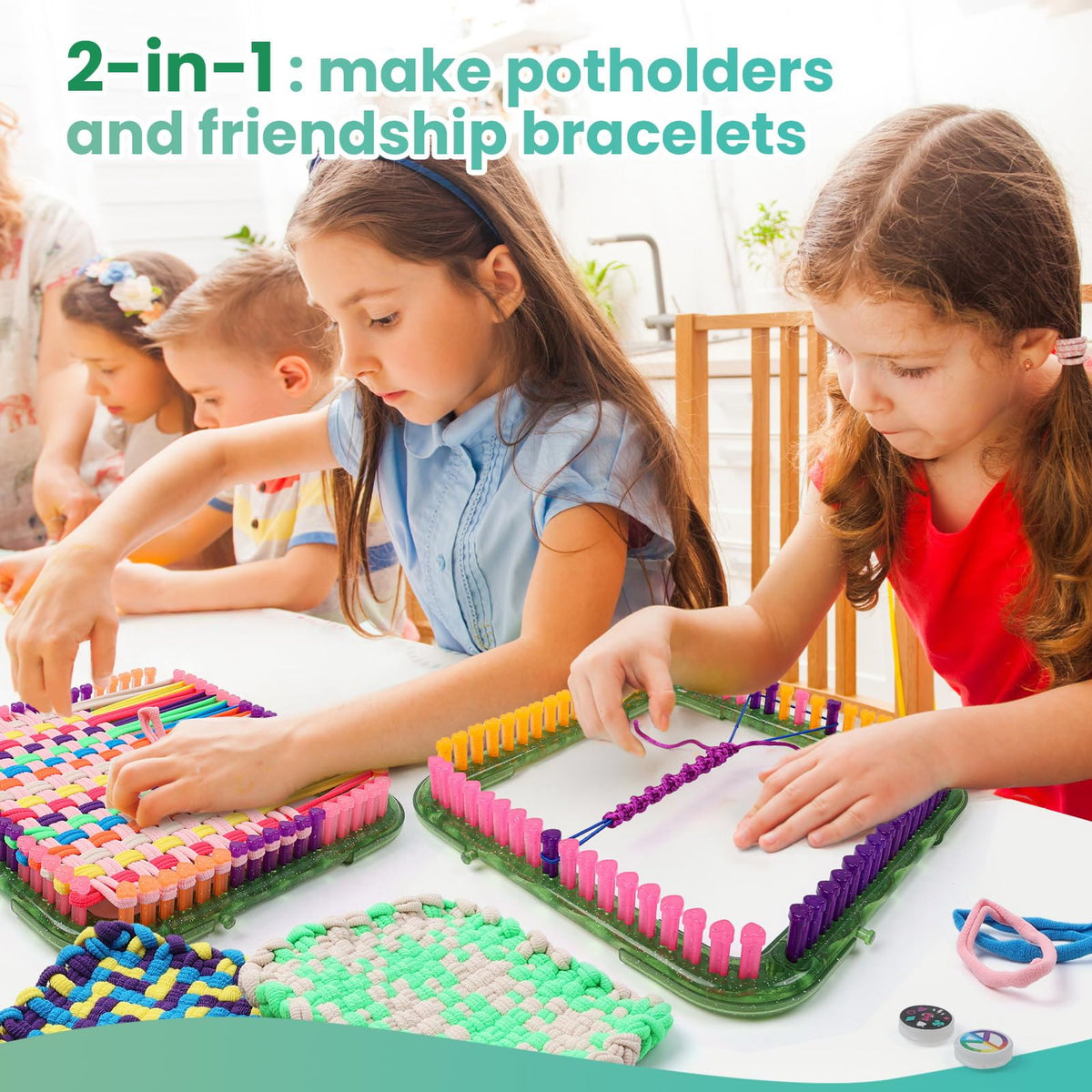 FUNiOi Weaving Loom Kit Toys for Kids, DIY Crafts Projects of 6 Potholders and 10 Friendship Bracelets, 2-in-1 Square Buildable Loom Knitting Kits, Gift Ideas for Girls 6-12 Years Old