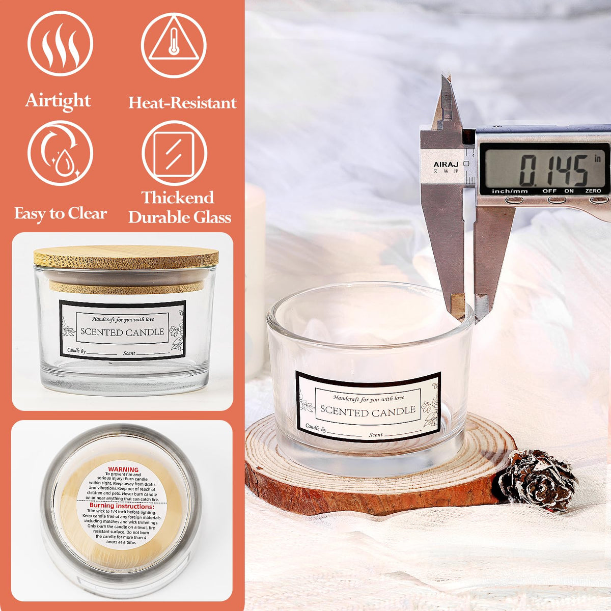 CONNOO 15 Pack 4 OZ Clear Glass Candle Jars with Airtight Bamboo Lids for Making Candles, Bulk Small Wide Mouth Empty Candle Containers with Sticky Warning Labels - Dishwasher Safe