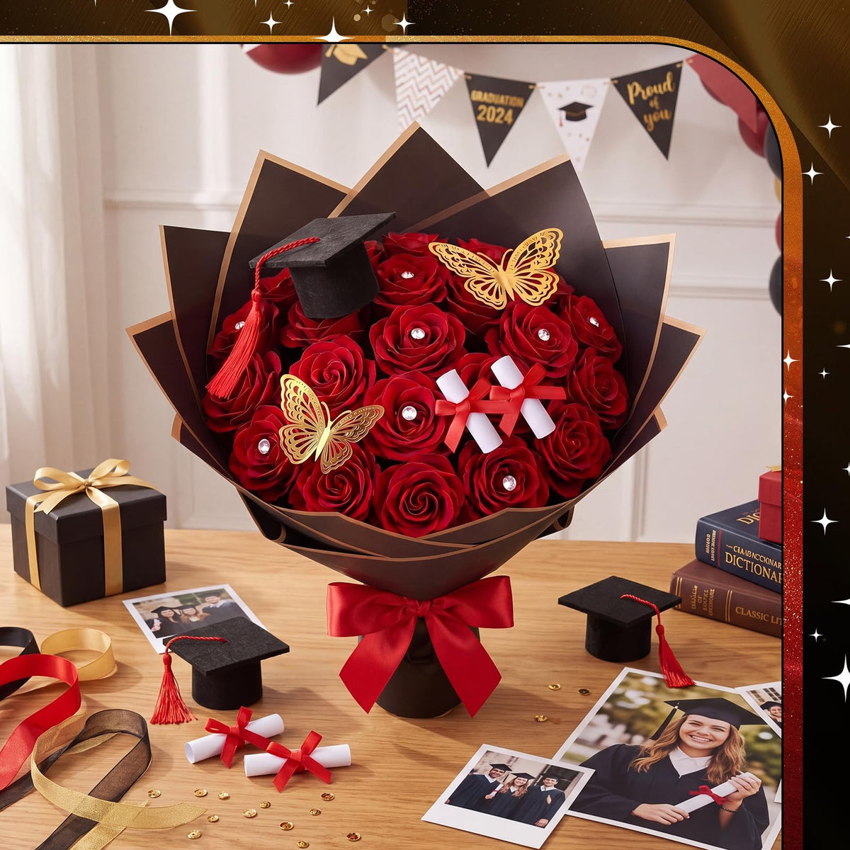 Gilprop 45 Pcs Graduation Flower Bouquet Kit Include 12 Butterfly Decorations 4 Mini Grad Cap 4 Certificate Scrolls Floral Tapes Wraps 25 Diamond 2026 Grad Party Decor Flower Bouquet Gift (Red)