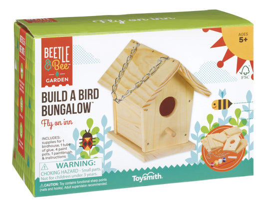 Beetle & Bee Build A Bird Bungalow - DIY Kid Art Craft Outdoor Birdhouse Kit, House Painting Kit for Kids, Hardware Glue Included- 4 Paints, 1 Brush, 7 Wooden Pcs, Chain For Tree Hanging Age 5+