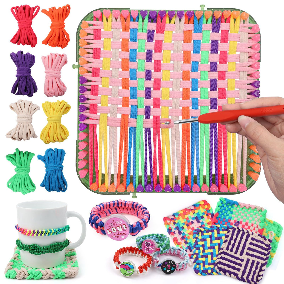 FUNiOi Weaving Loom Kit Toys for Kids, DIY Crafts Projects of 6 Potholders and 10 Friendship Bracelets, 2-in-1 Square Buildable Loom Knitting Kits, Gift Ideas for Girls 6-12 Years Old