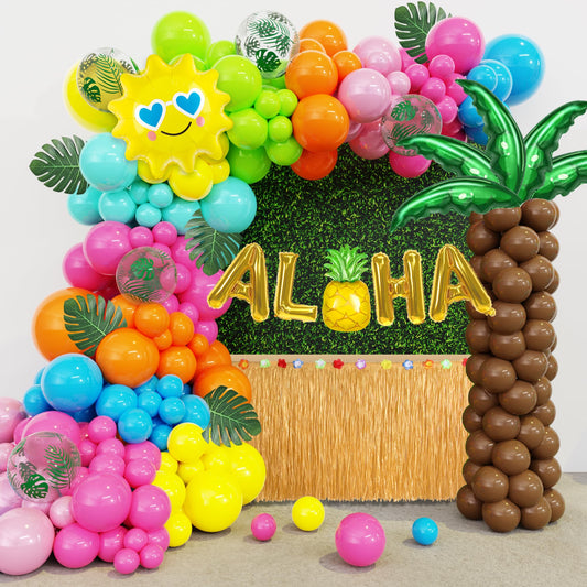 Amandir 160Pcs Hawaiian Tropical Beach Luau Balloon Garland Arch Kit Party Decorations with Aloha Green Palm Tree Pineapple Foil Balloon for Summer Birthday Party Decorations
