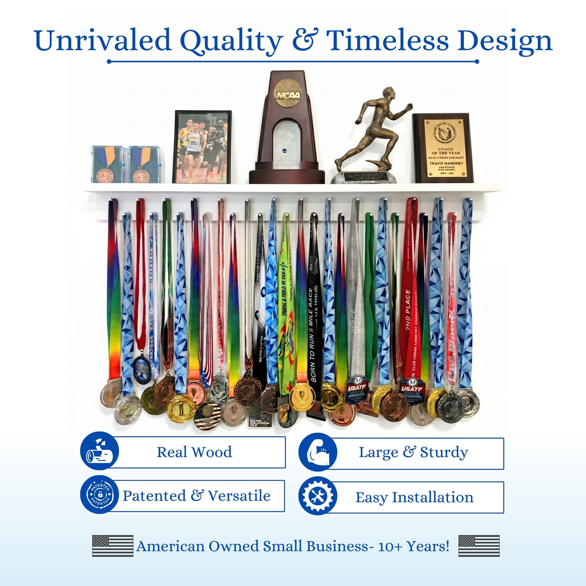 3ft Medal Hanger Display for Wall — Trophy Shelf with Hooks for Medals — 36" Solid Wood — Holds 30+ Medals + Cased Medals for Running, Gymnastics, Cheer, Karate — White- Medal Awards Rack