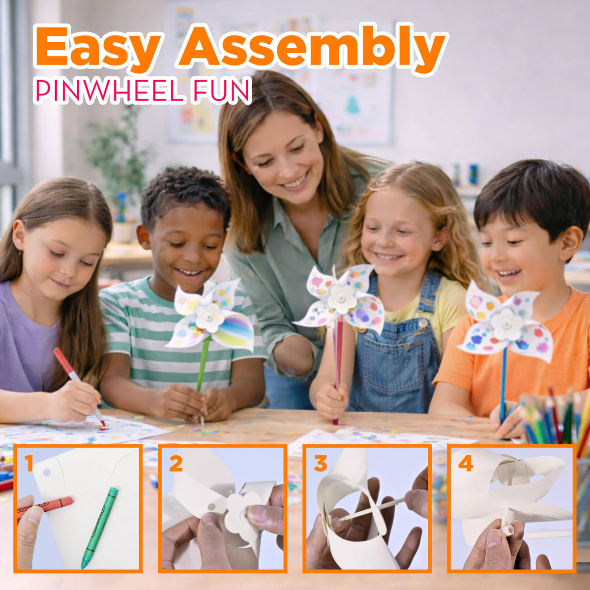 4E's Novelty DIY Pinwheels Craft for Kids (48 Pack) Color Your Own White Pinwheels, Bulk Summer Spring Craft Kit for Boys & Girls, Arts and Craft Party Activity, Church Easter Crafts