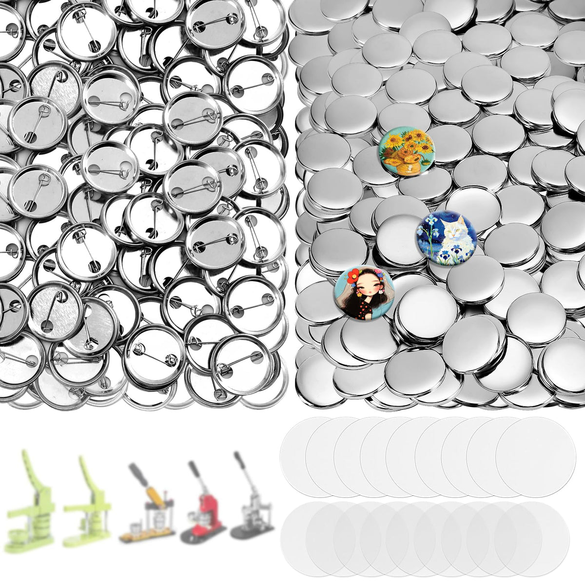 200 Sets Button Maker Supplies, 32mm/1.25 inch Button Supplies, with Metal Needle Back Cover, Metal Cover, Transparent Film and Blank Paper, Suitable for Button Making Machine and Pin Maker Press