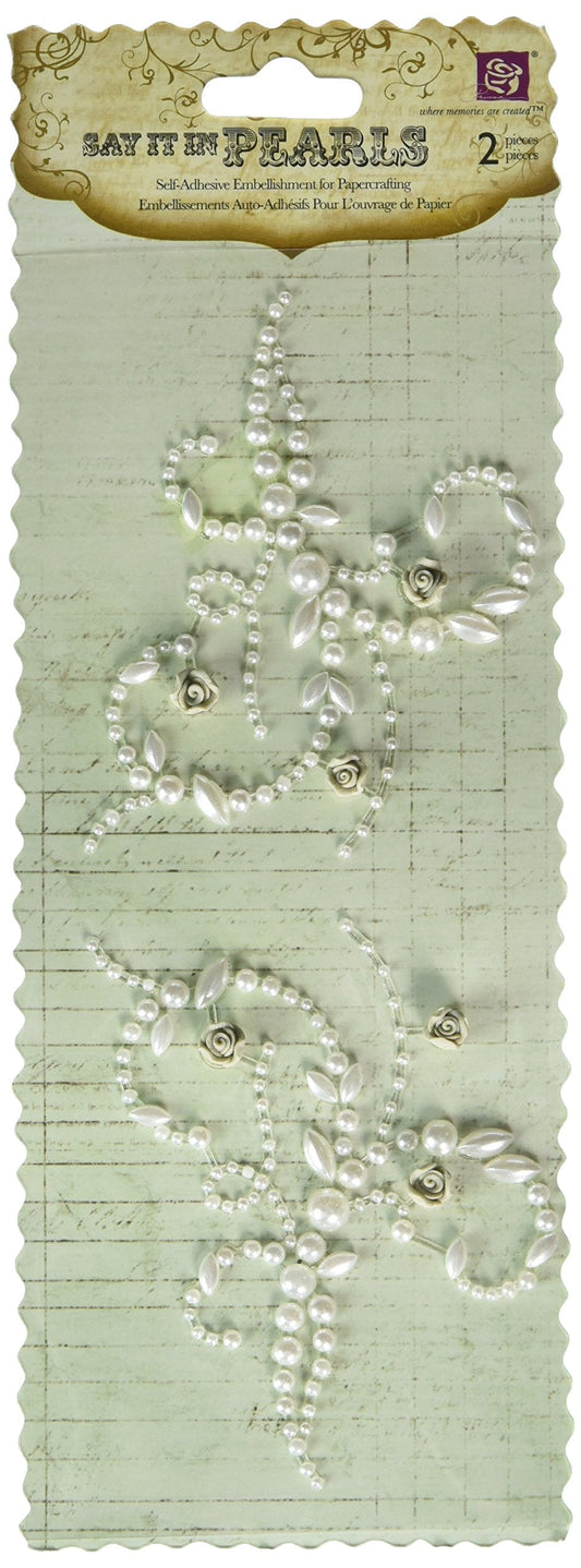 Prima 535667 6-1/2-Inch Say It in Pearls Self Adhesive Jewel Art Mini Flourish with Roses, Cream