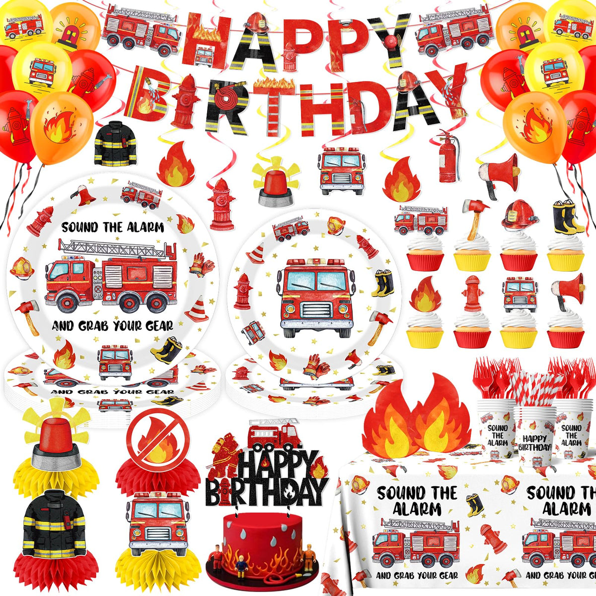 219pcs Firetruck Birthday Decorations Tableware Include Fire Truck Plates and Napkins Set, Cups, Banner, Hanging, Tablecloth, Cake Topper, Cupcake Topper for Firefighter Party Decorations Serve 24