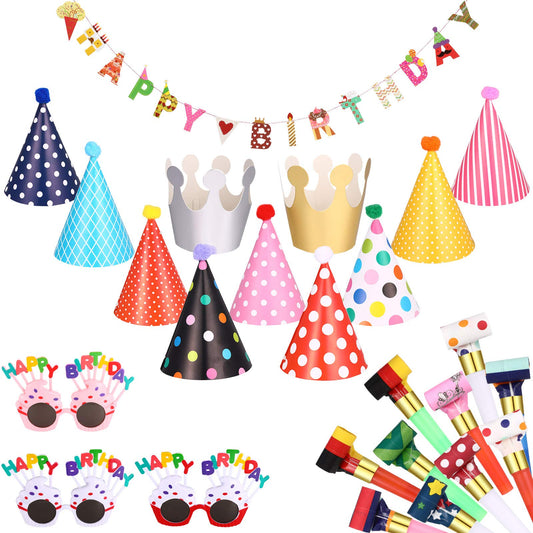 25 Pcs Party Set: 1 Colorful Banner, 3 Glasses, 10 Whistles, 11 Cone Hats for Festive Decor (Classic Style)