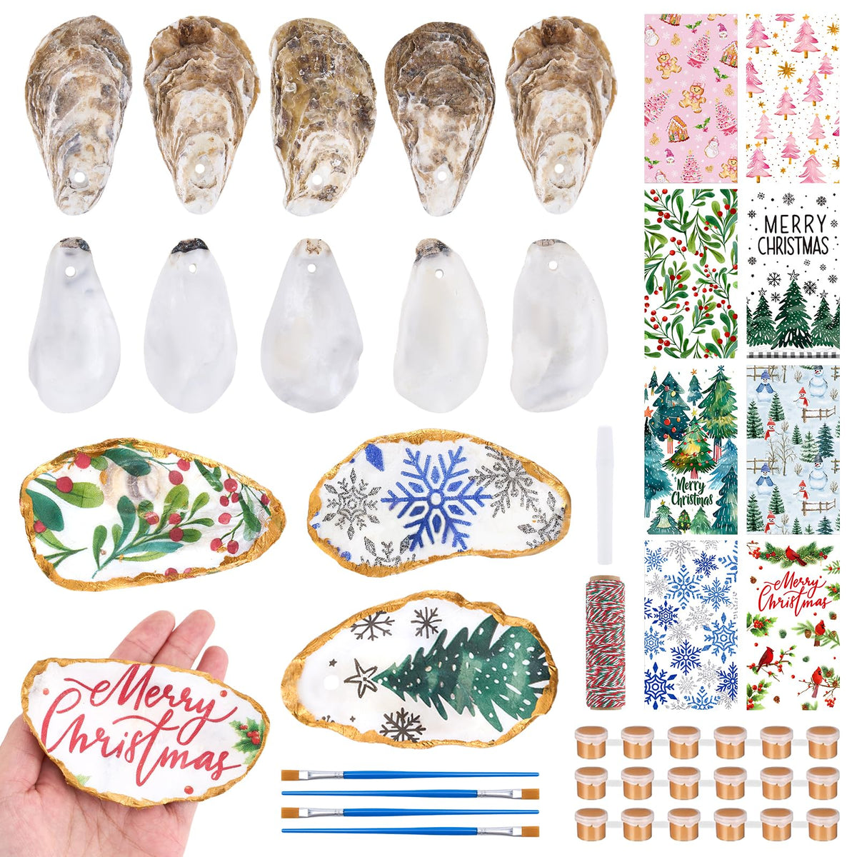 APUDWN 16 Set Oyster Shells for Crafts 4-5 Inch Christmas Pre-Drilled Oyster Shells Crafts Kits with Decoupage Paper Napkin Glue Paint Twine and Brushes for Xmas Decor DIY Arts Seashells Ornaments