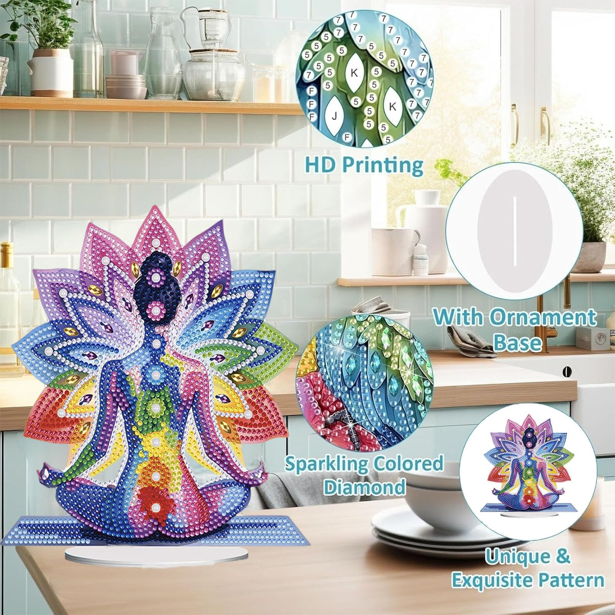 Diamond Painting Kits for Adults Beginners, 5D Full Drill Yoga Crystal Art Desktop Ornament, DIY Single Sided Home Office Desk Decor, Creative Craft Gift Set with Tools