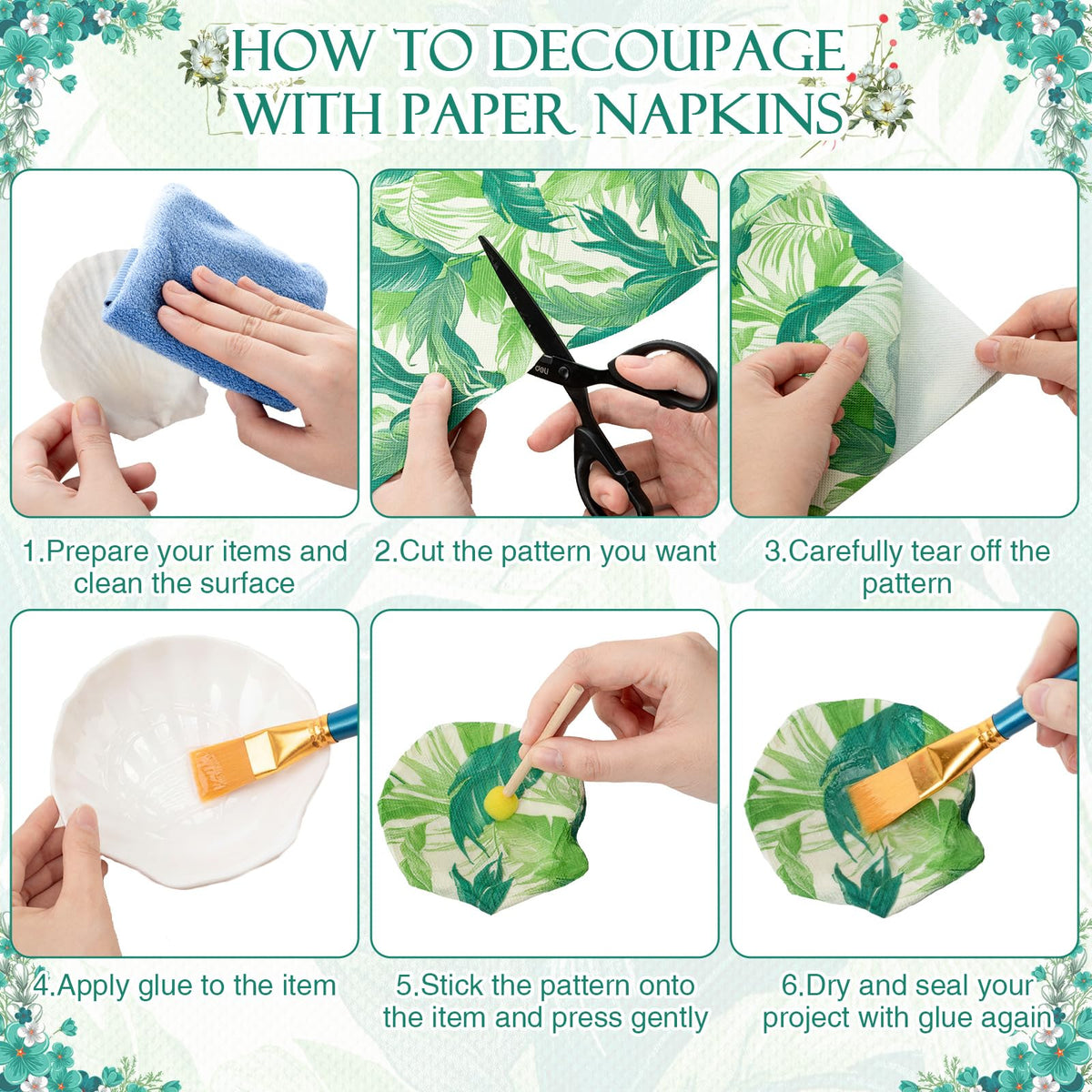 Crtiin 48 Pcs Decoupage Kits, 18 Pcs 4'' White Scallop Shells, 24 x Assorted Decoupage Paper Napkins with Glue Paint Strips Pigments and Paint Brushes for Home Decor Ornaments DIY Arts Crafts (Fun)