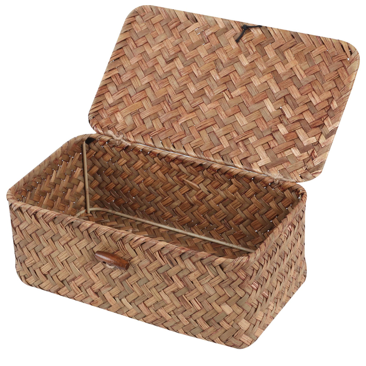 FEIALNDUO Wicker Shelf Baskets with Lid,Seagrass Storage Basket Bins Rectangular Handwoven Basket Boxes for Shelves Desktop Home Organizer (Coffee, X-Small)