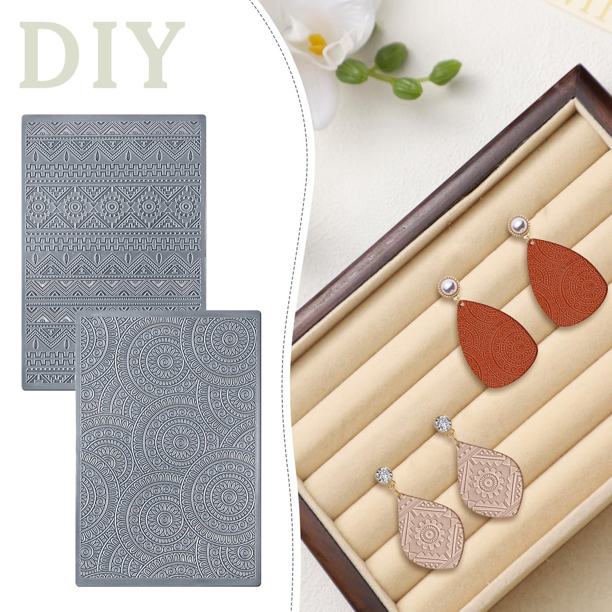 DoubleFill 12 Pcs Polymer Clay Texture Sheets Mat Works with Polymer Clay Cutter Embossin Roller DIY Tools for Pottery Earrings Jewelry Making DIY Craft Supply