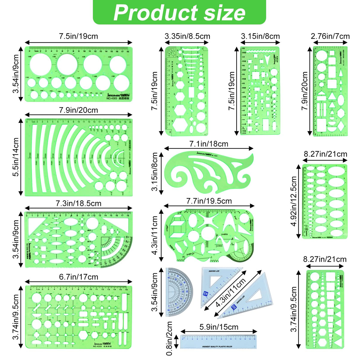 15PCS Geometric Drawings Templates,Transparent Green Plastic Ruler, Drafting Stencils Measuring Tools, Measuring Geometry Rulers for Office, Studying