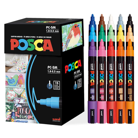 Posca Paint Art Markers, Set of 15 5M Medium Acrylic Markers with Reversible Tips, Artist Recommended Paint Pens for Gifts, Decorations, Fabric, Metal, Windows, Wood and Canvas