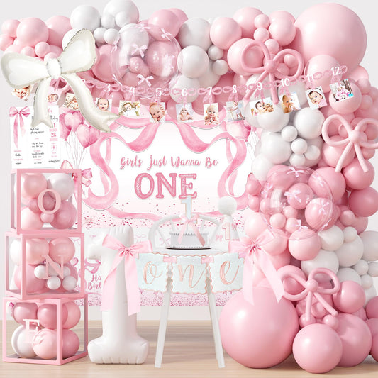 Pink Bow 1st Birthday Decorations, First Birthday Party Supplies for Girl, Pink White Balloon Arch Balloon Box Girls Just Wanna Be One Backdrop High Chair Banner