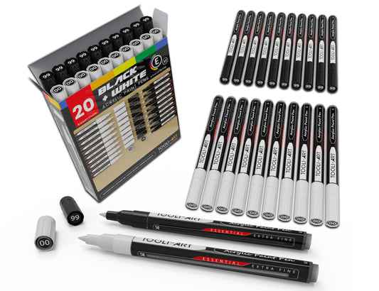 TOOLI-ART Black And White Acrylic Paint Markers Paint Pens Set For Rock Painting, Canvas, Mugs, Metal, Glass Paint, Fabric, Wood, DIY. Non Toxic, Quick Dry,Waterbas (EXTRA FINE)