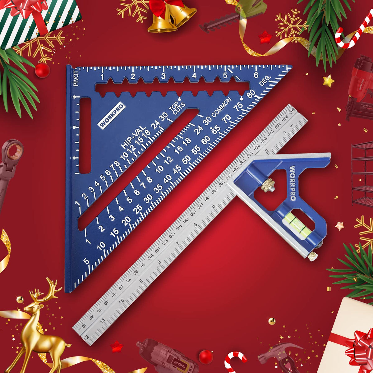 WORKPRO Aluminum Alloy Carpenter Square and Zinc-Alloy Square Ruler Set - 7 in. Rafter Layout Tool and 12 in. Combination Square Combo