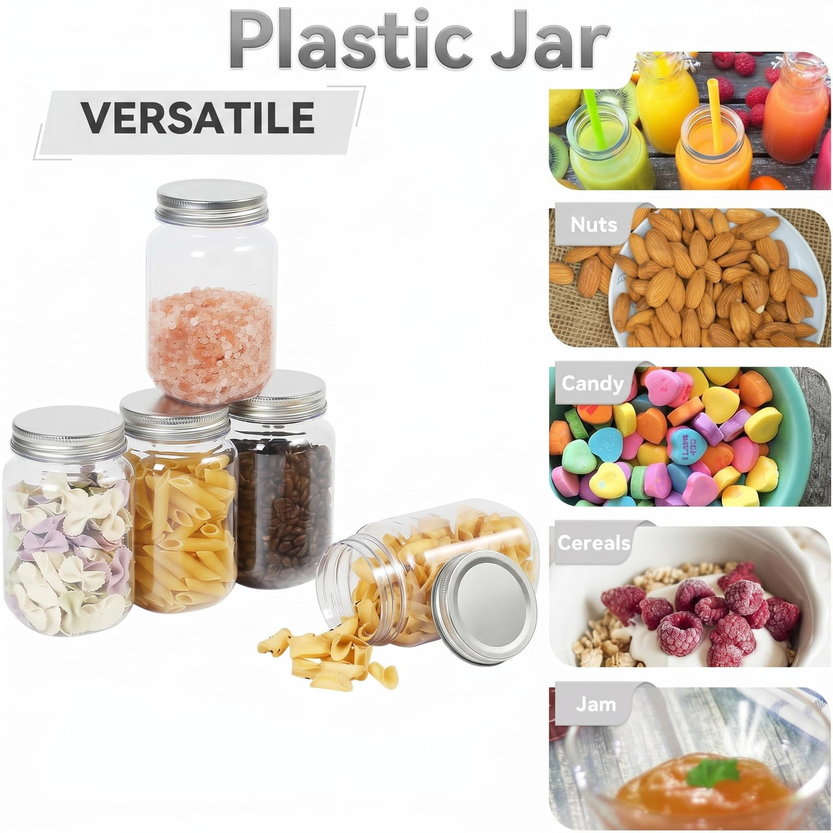 novelinks 16 oz Clear Plastic Jars with Lids, Refillable 16oz Mason Jars with Lids & Storage Containers for Kitchen & Household Use (20 Pack,Silver)